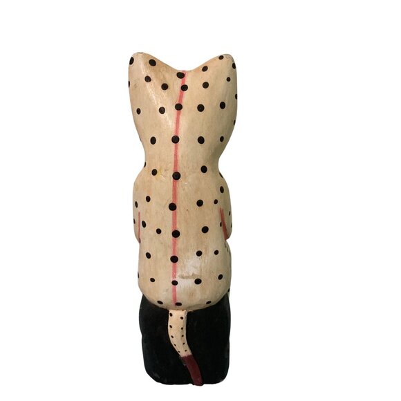 Wood Folk Art Polka Dot Cat Figurine With Red Details - Picture 4 of 6